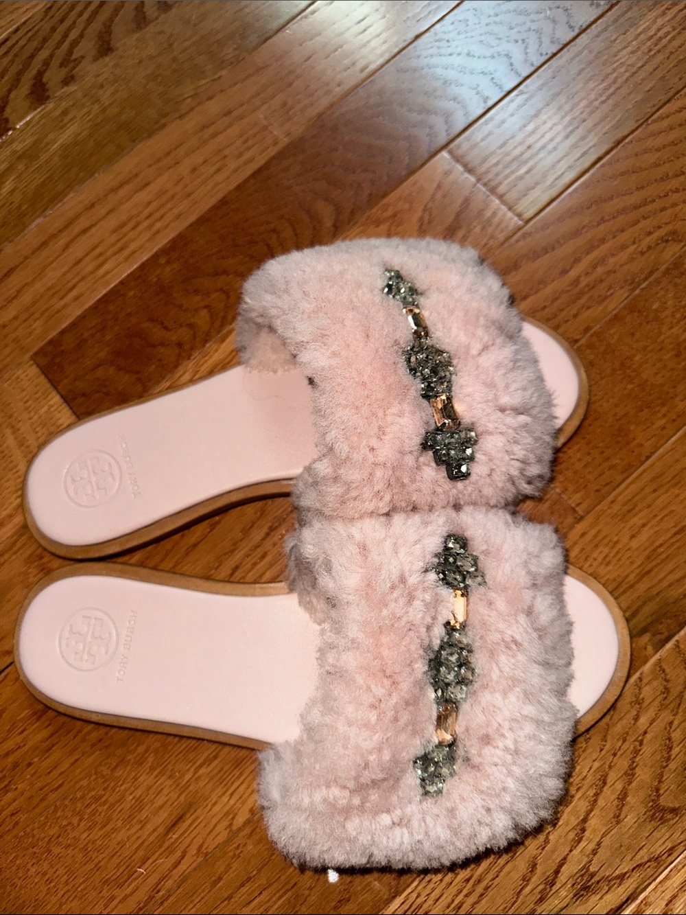 Tory Burch - Faux Fur Jeweled Slide Sandals - Blush Pink